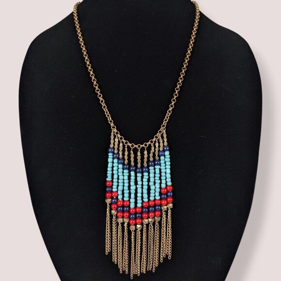 (2/$20) Dangling Red & Blue Seed Bead Necklace - Picture 3 of 5